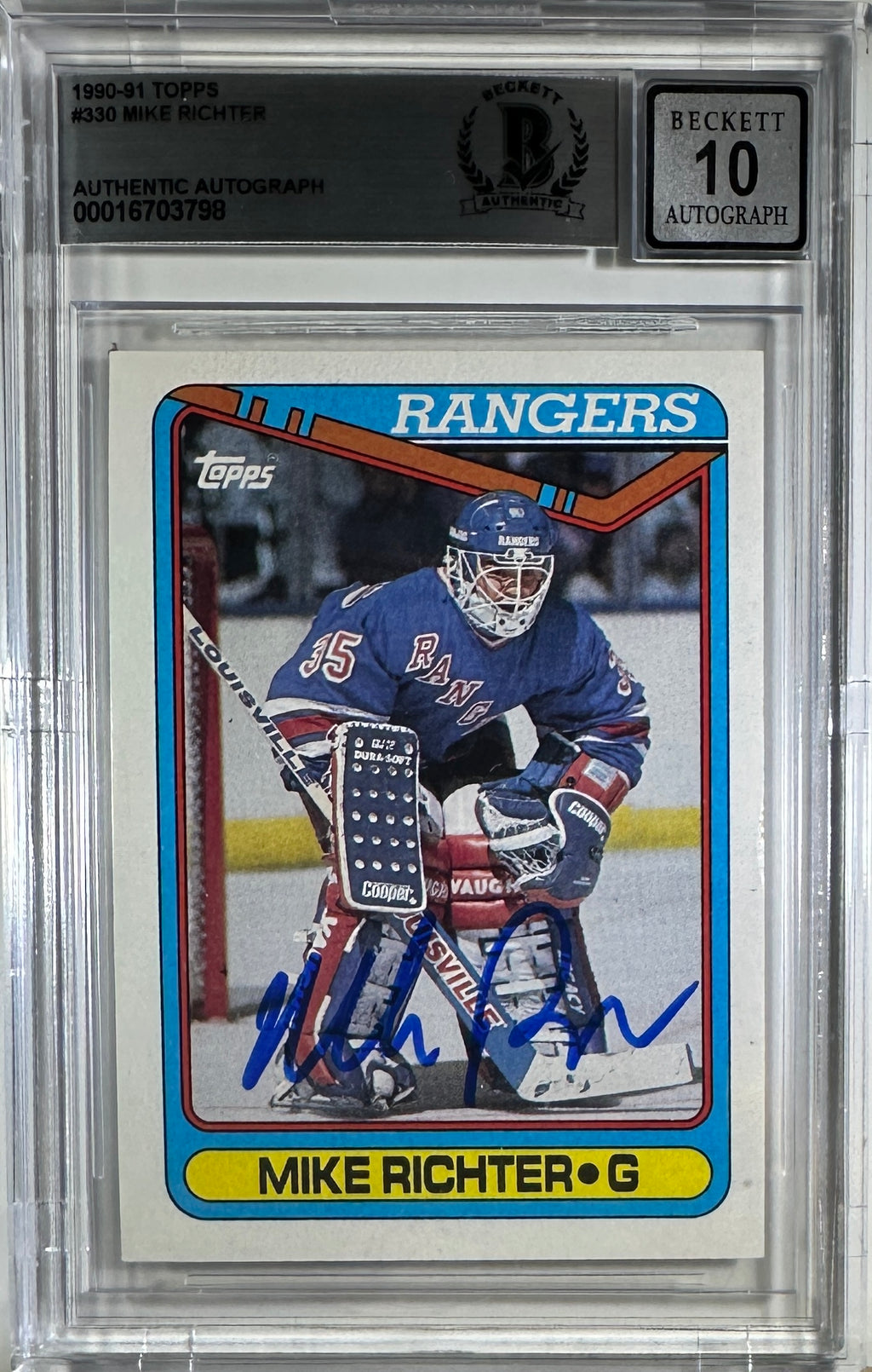 Mike Richter auto rookie card 1990 Topps #330 New York Rangers NHL BAS Auto 10