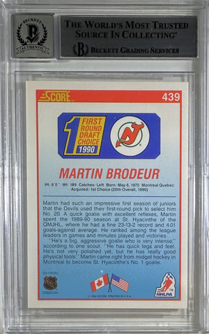 Martin Brodeur auto rookie card 1990 Score #439 New Jersey Devils BAS AUTO 10