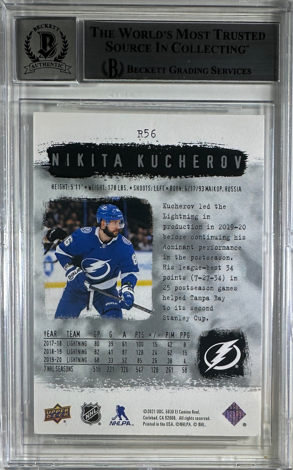 Nikita Kucherov auto card 2021 SP Authentic Tampa Bay Lightning NHL BAS Auto 10