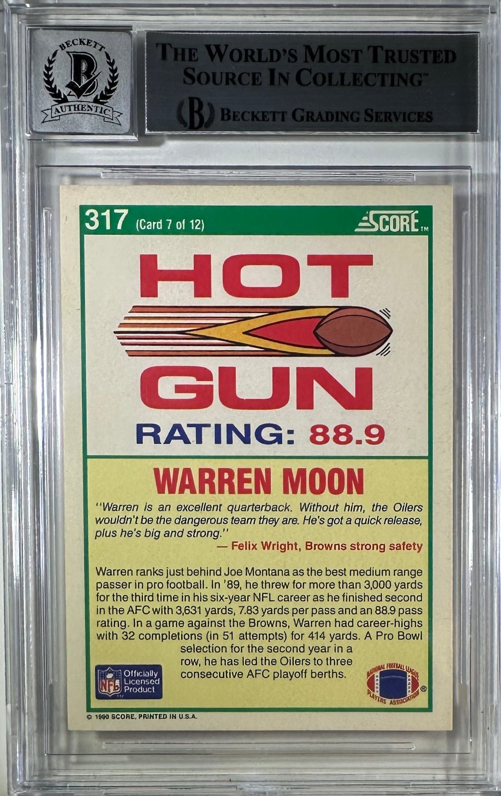 Warren Moon auto card 1990 Score Hot Gun #317 NFL Oilers BAS Encap /12 auto 10