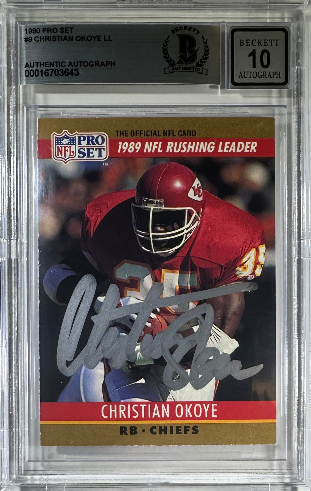 Christian Okoye auto NFL Pro Set 1989 Kansas City Chiefs BAS GM 10 Encap