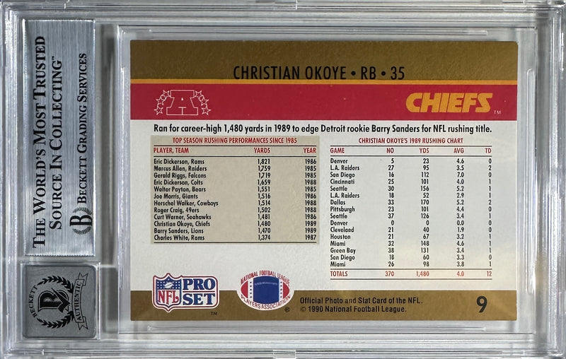 Christian Okoye auto NFL Pro Set 1989 Kansas City Chiefs BAS GM 10 Encap