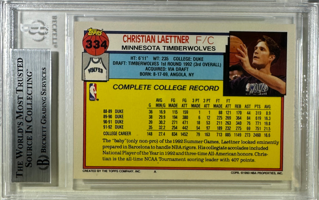 Christian Laettner auto 1993 Topps RC BAS Encapsulated Timberwolves