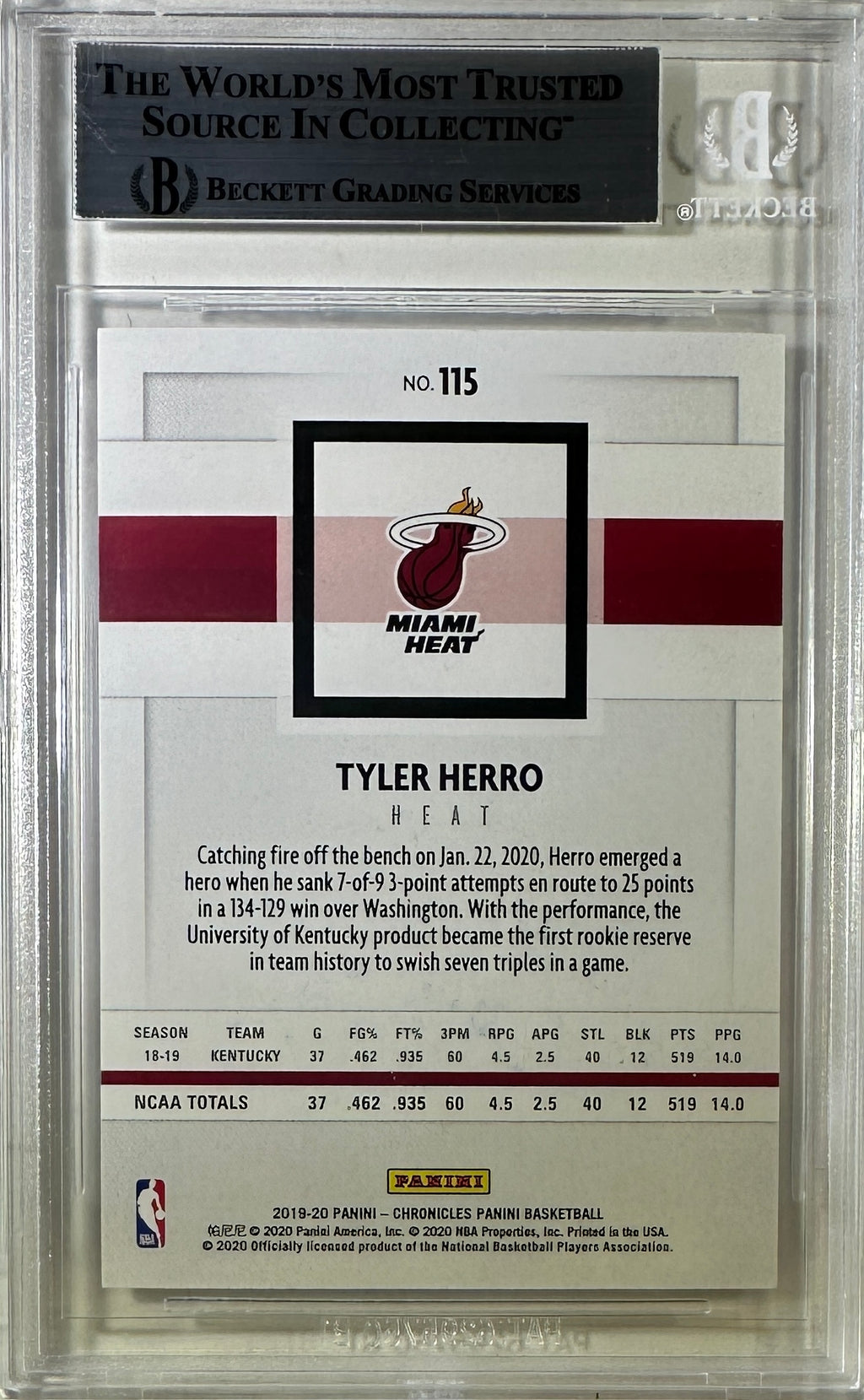 Tyler Herro auto card 2019-20 Panini Chronicles RC #115 NBA Miami Heat BAS Encap