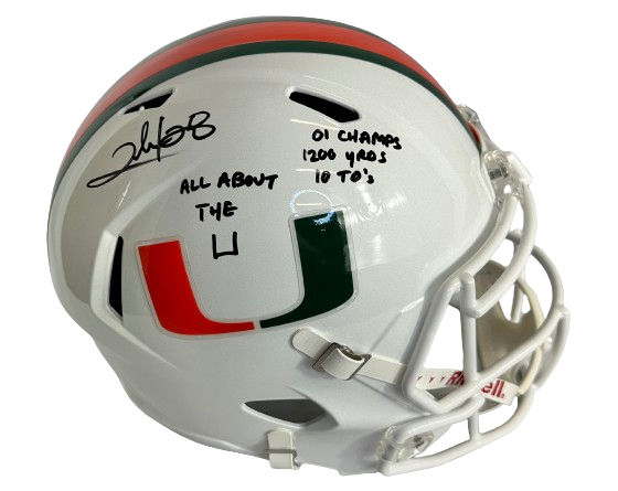 Clinton Portis signed inscribed NCAA Stat Full Size helmet Hurricanes JSA COA