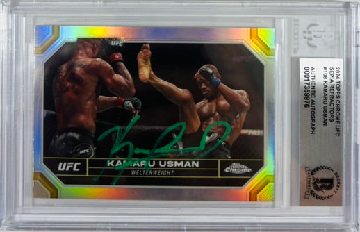 Kamaru Usman autographed 2024 Topps refractor card #108 UFC BAS Encapsulated