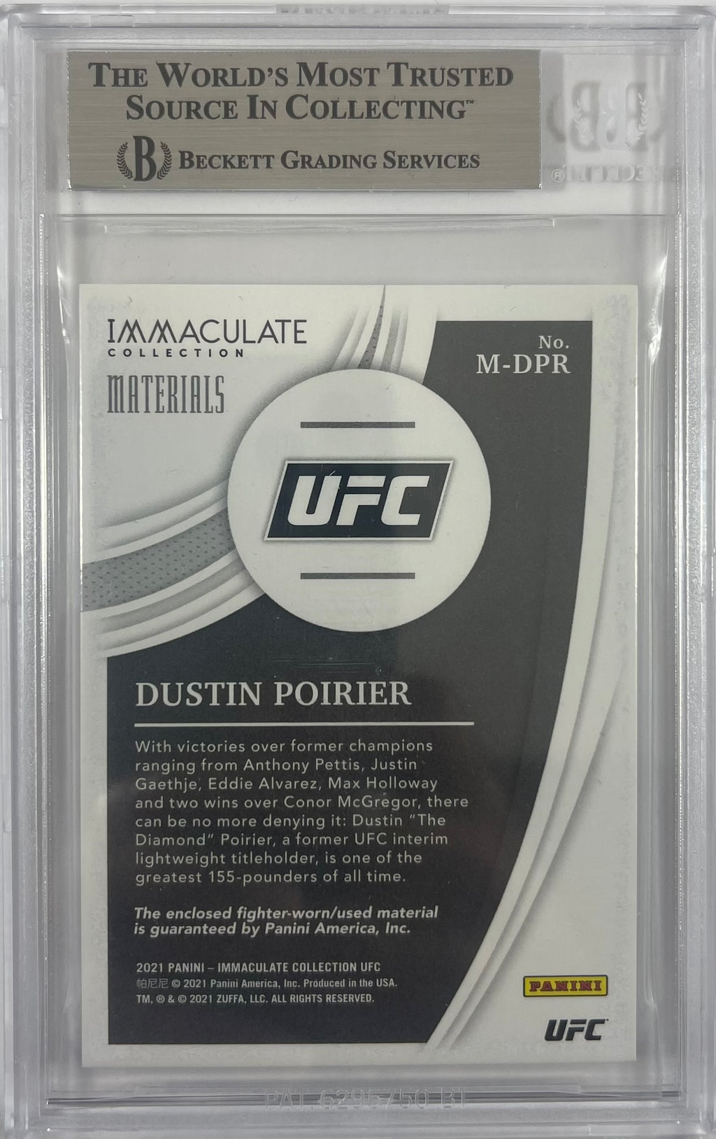 Dustin Poirier autographed signed Panini card 2021 UFC BAS Encap Game Used 89/99