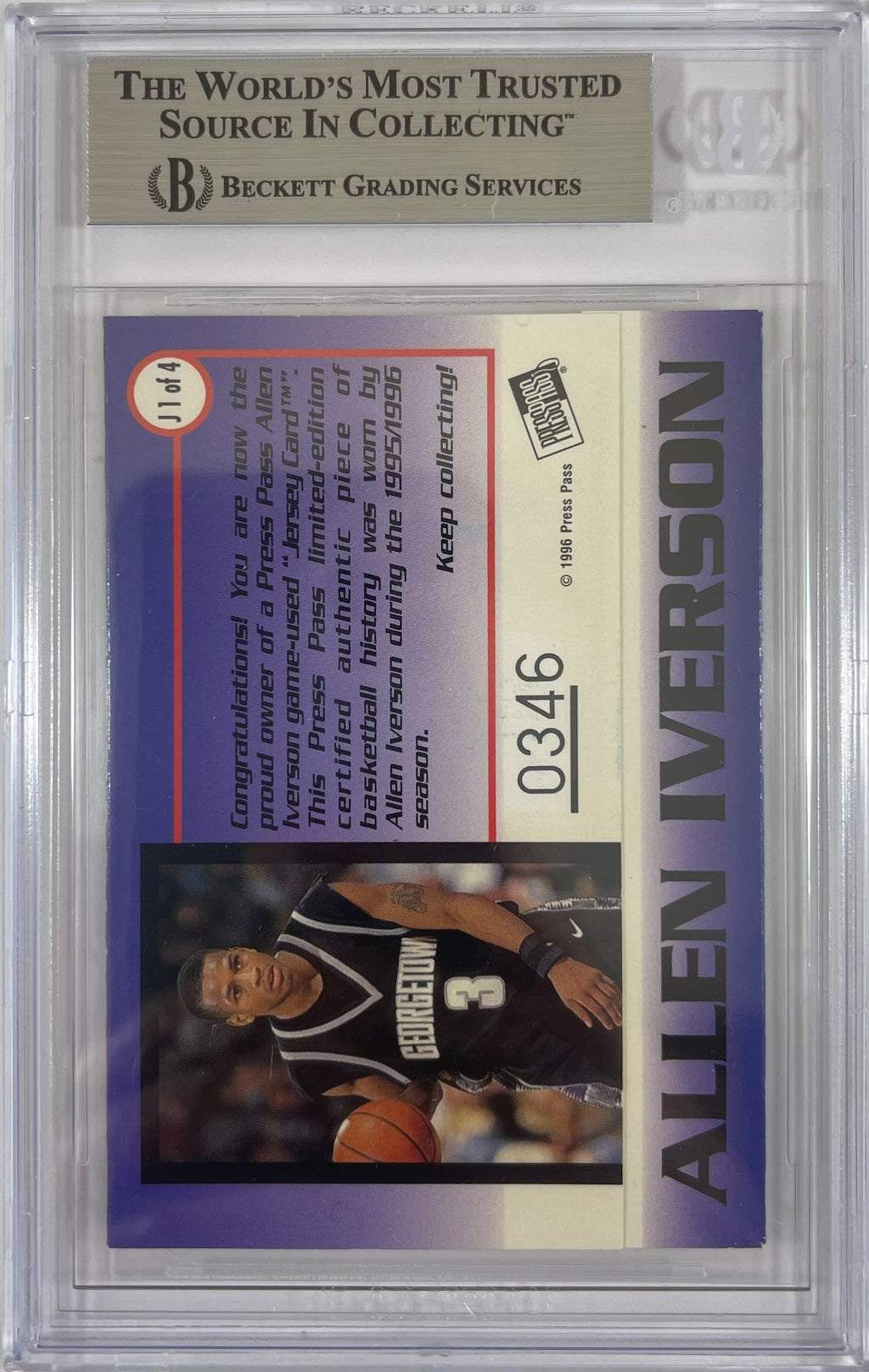 Allen Iverson auto signed Press Pass 1996 #346 Philadelphia 76ers BAS RC Game Used