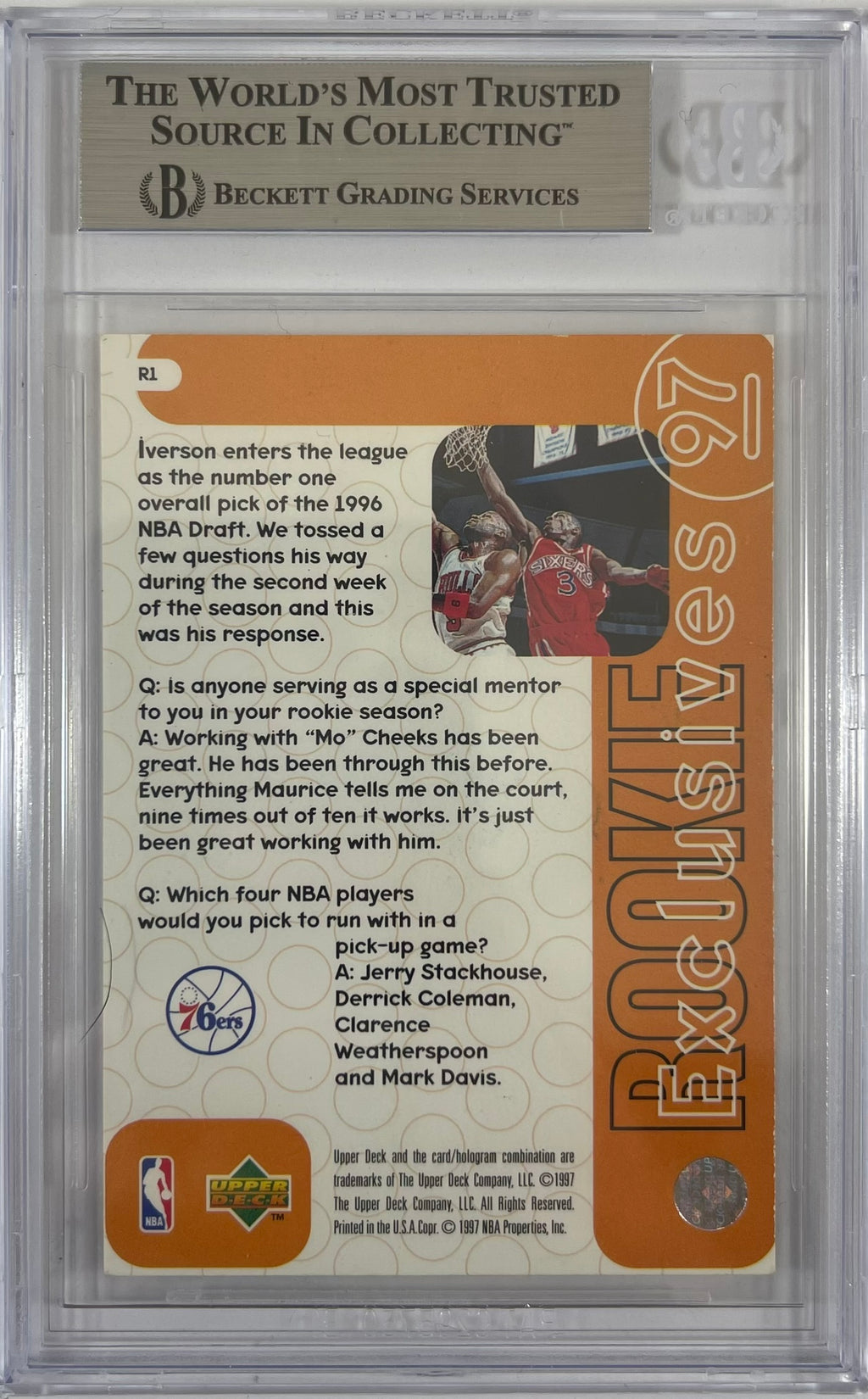 Allen Iverson auto signed Upper Deck 1997 #R1 Philadelphia 76ers BAS RC