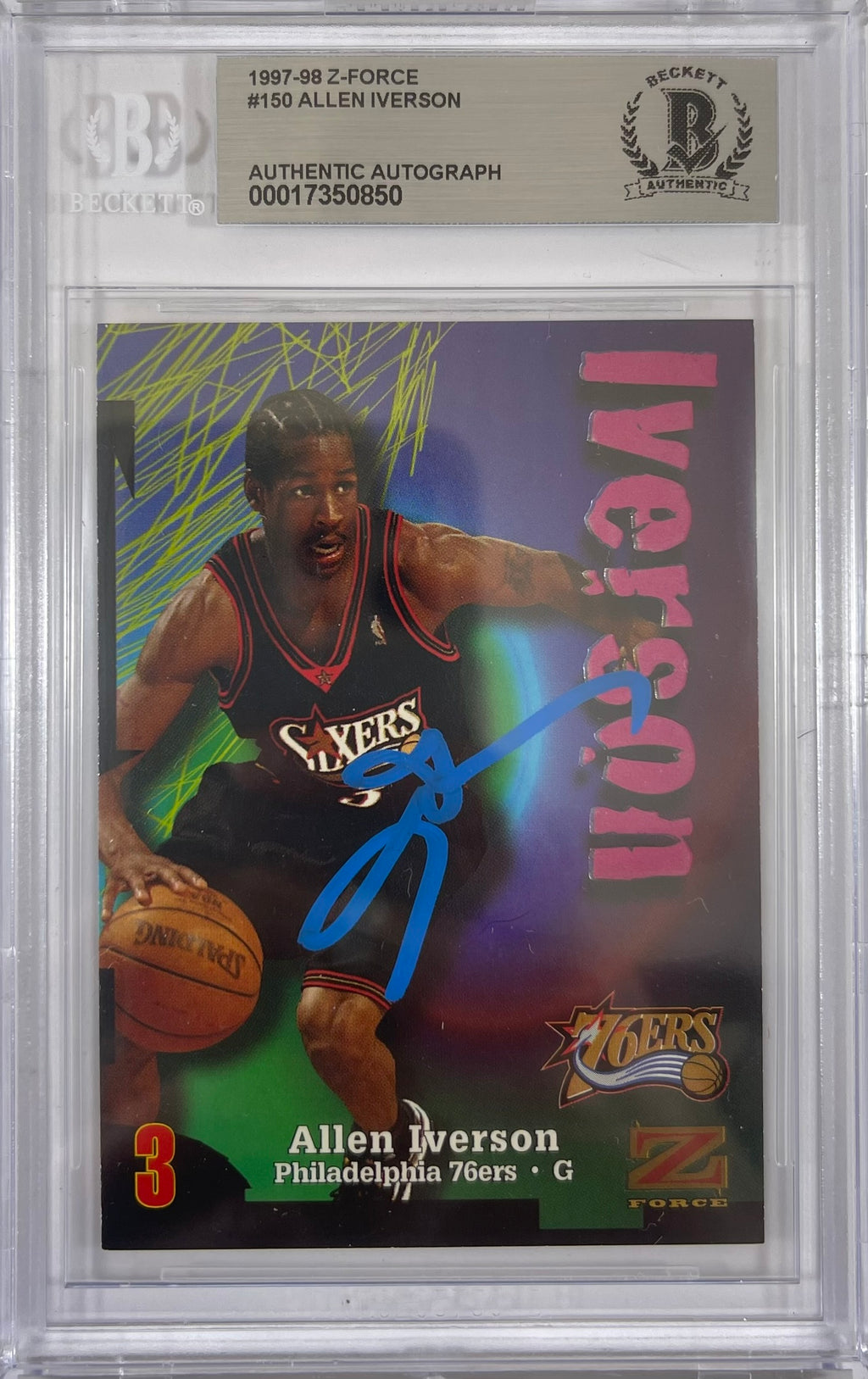 Allen Iverson autographed signed Skybox 1996 #150 Philadelphia 76ers BAS