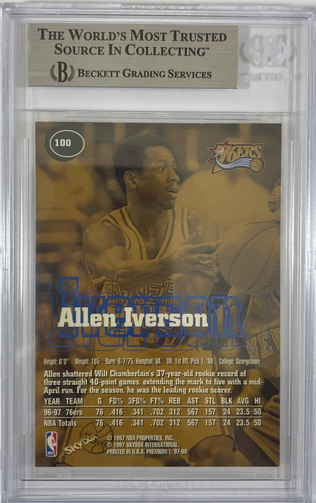 Allen Iverson autographed signed Skybox 1997 #100 Philadelphia 76ers BAS