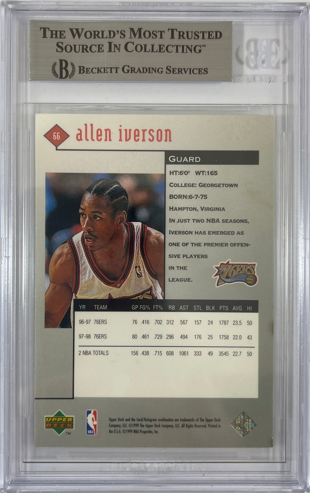 Allen Iverson autographed signed Upper Deck 1999 #66 Philadelphia 76ers BAS