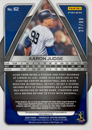 Aaron Judge player worn 2020 Panini Prizm card #62 27/99 New York Yankees worn