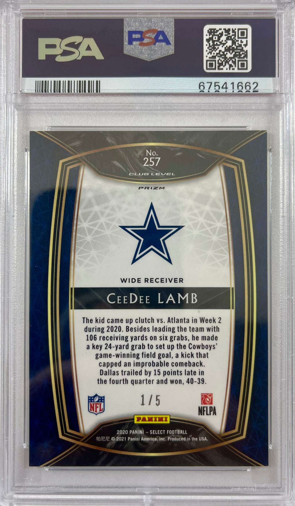 CeeDee Lamb NFL Panini 2021 #257 1/5 Dallas Cowboys RC PSA Mint 9 Encap