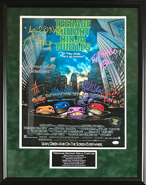 Cast signed insc TMNT suede framed 16x20 JSA Pais Tochi Feldman Rist Hoag Saito Clash