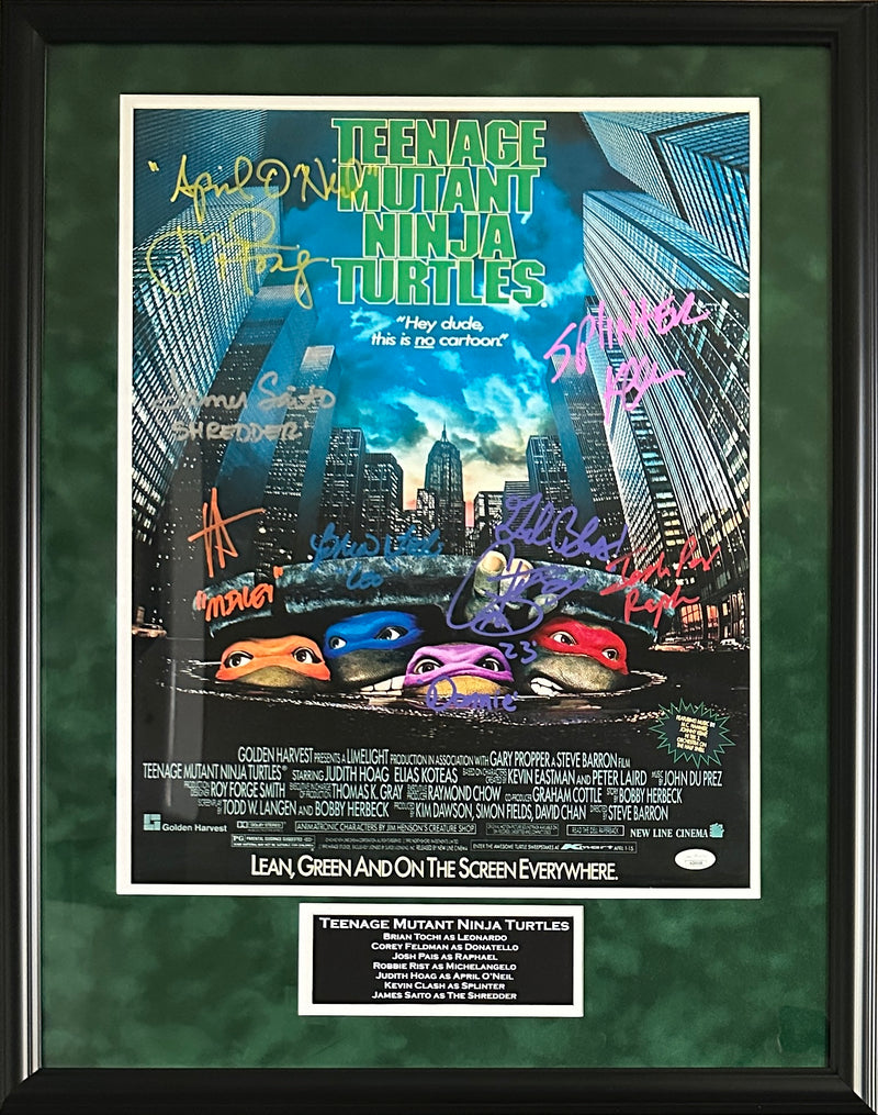 Cast signed insc TMNT suede framed 16x20 JSA Pais Tochi Feldman Rist Hoag Saito Clash