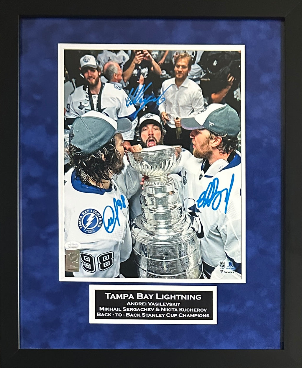 Team signed suede framed 11x14 Tampa Bay Lightning JSA Vasilevskiy Kucherov