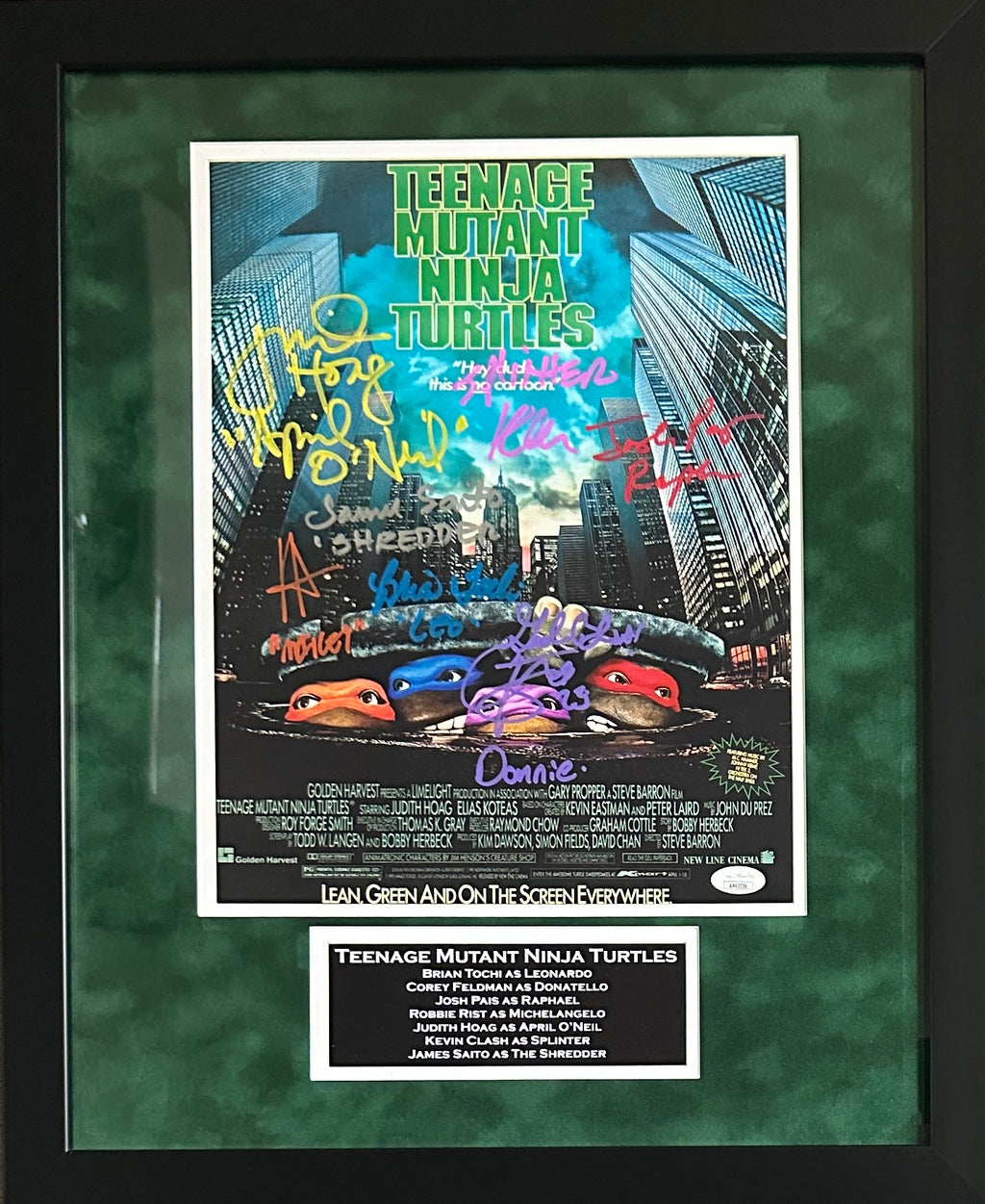 Cast signed insc TMNT suede framed 11x14 JSA Pais Tochi Feldman Rist Hoag Saito Clash