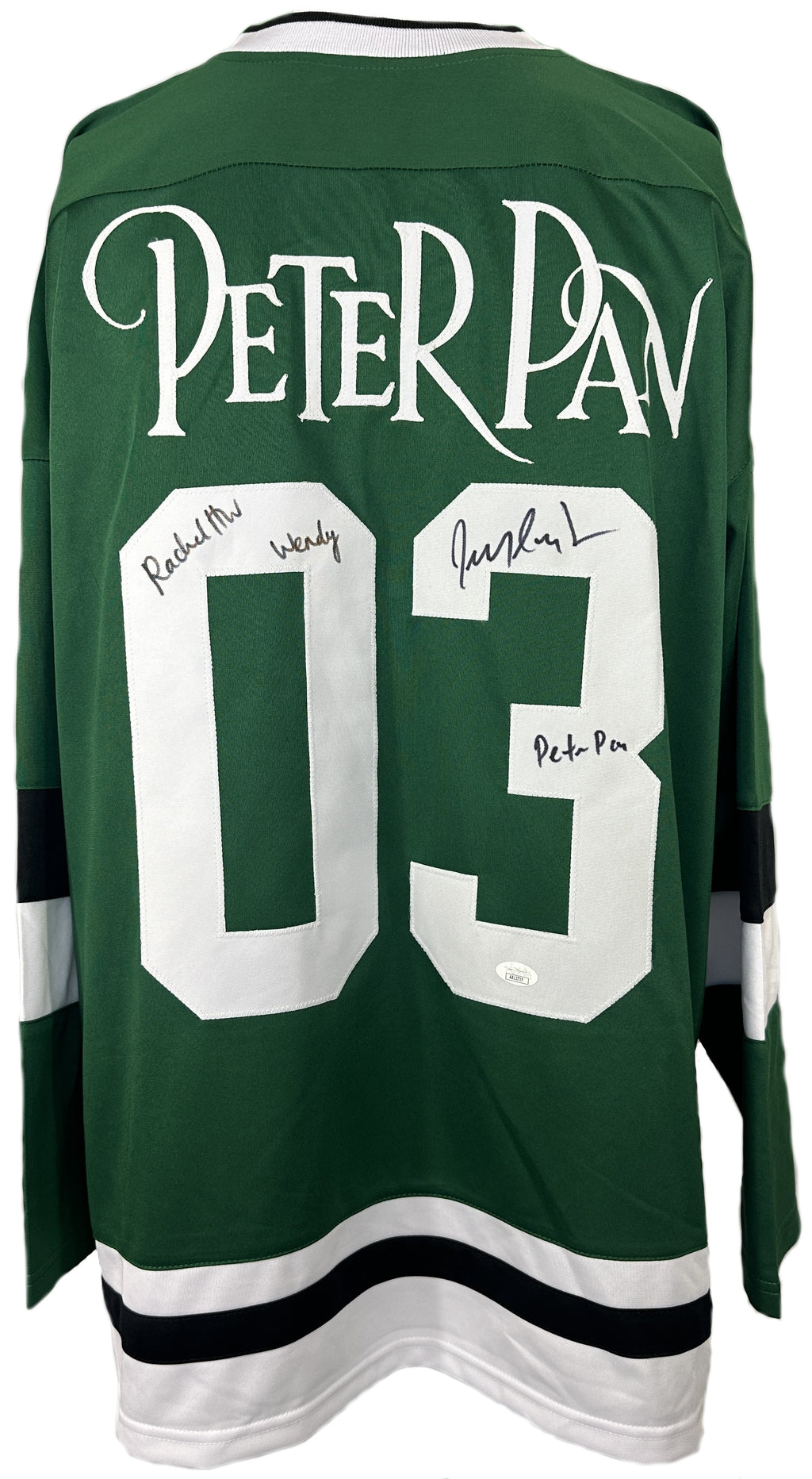 Jeremy Sumpter Rachel Hurdwood signed inscribed custom Peter Pan jersey JSA COA