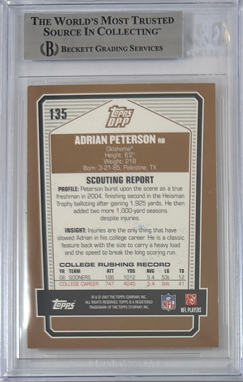 Adrian Peterson auto card 2007 Topps #135 NFL Minnesota Vikings BAS Encap RC