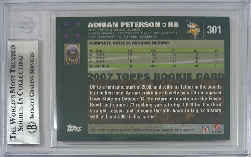 Adrian Peterson auto card 2007 Topps #301 NFL Minnesota Vikings BAS Encap RC