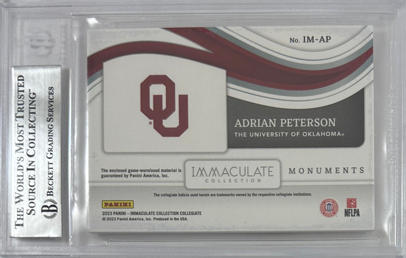 Adrian Peterson auto 2023 Panini 58/75 NFL Oklahoma Vikings BAS Encap game used