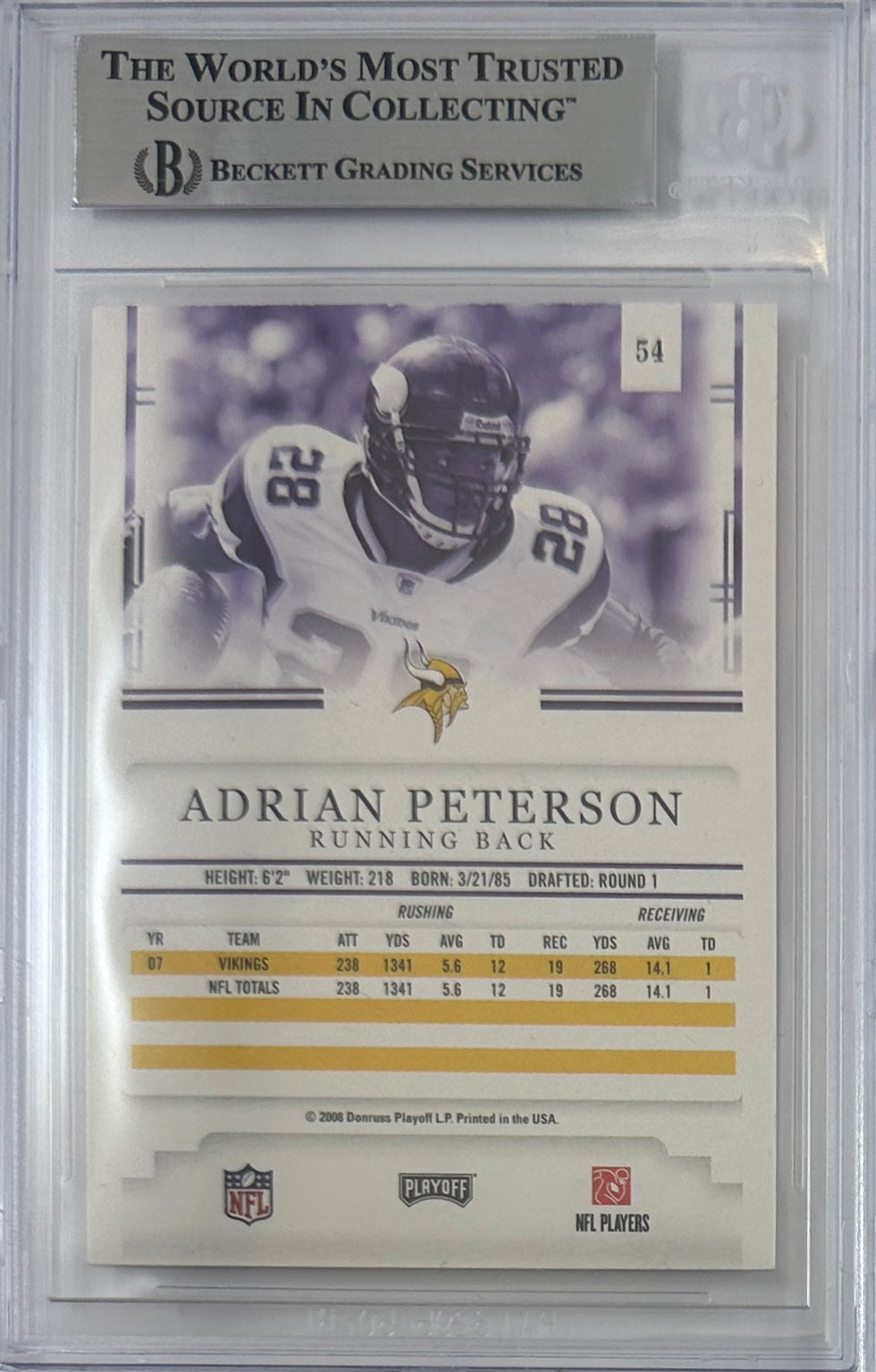 Adrian Peterson auto card 2008 Donruss #54 NFL Minnesota Vikings BAS Encap