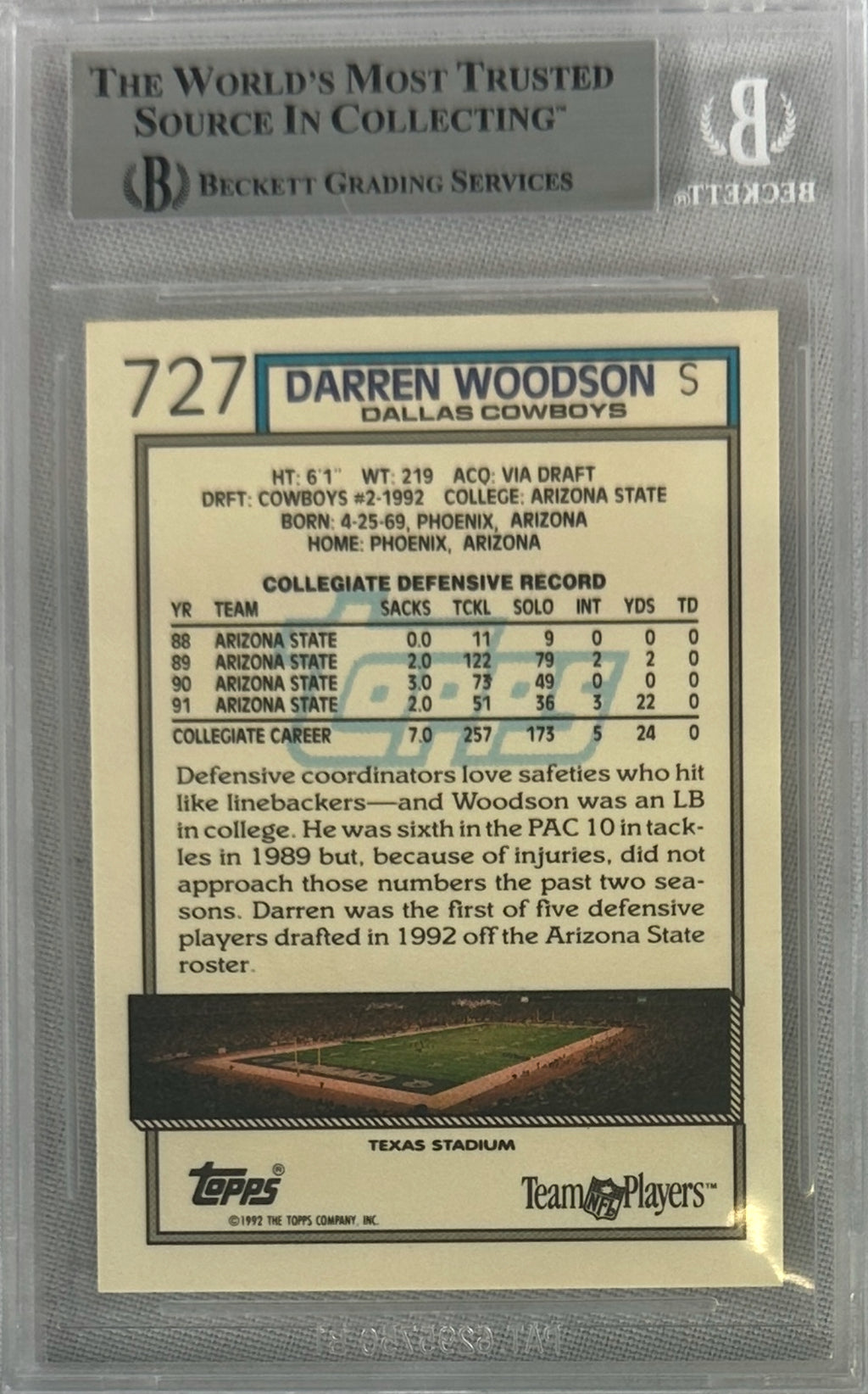 Darren Woodson auto Topps 1992 #727 Dallas Cowboys Rookie Encap