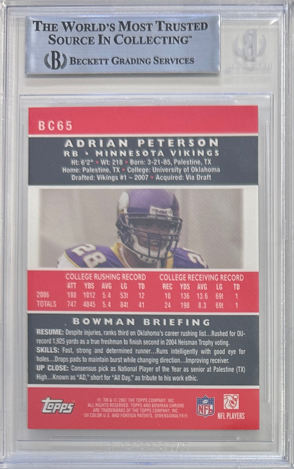 Adrian Peterson auto signed card 2007 Topps NFL Minnesota Vikings BAS Encap RC