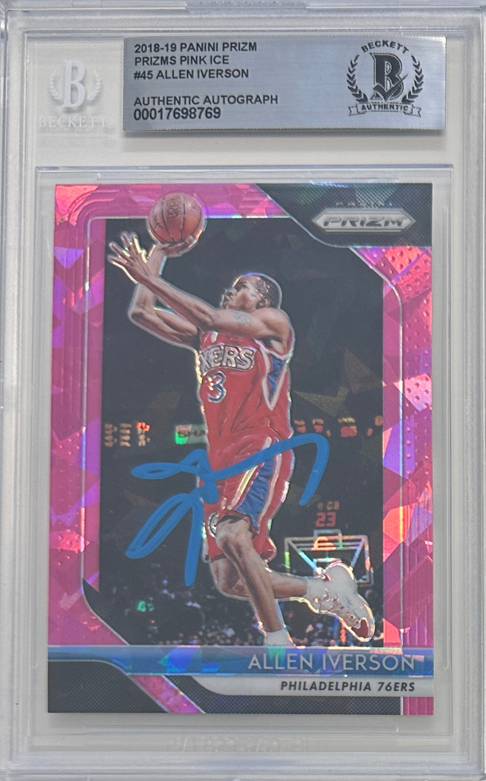 Allen Iverson auto signed Panini 2018 #45 Philadelphia 76ers BAS Prizm Pink Ice