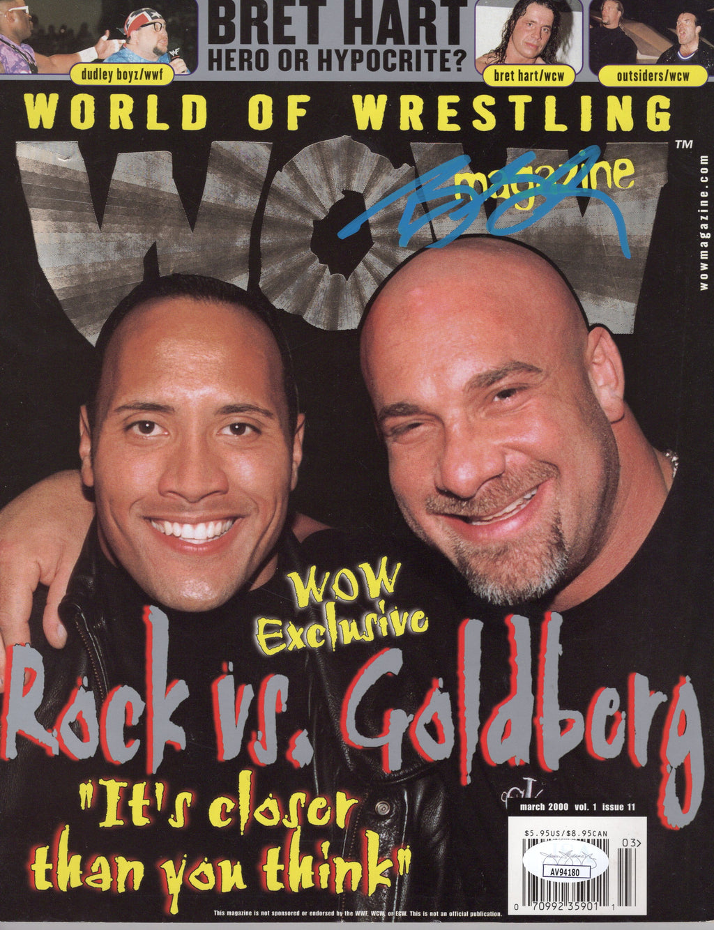 Bill Goldberg autographed signed magazine WWE World of Wrestling JSA The Rock