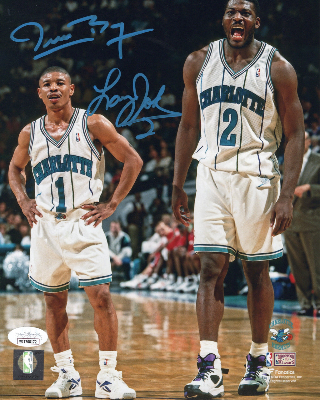 Muggsy Bogues Larry Johnson dual signed insc 8x10 NBA Charlotte Hornets JSA