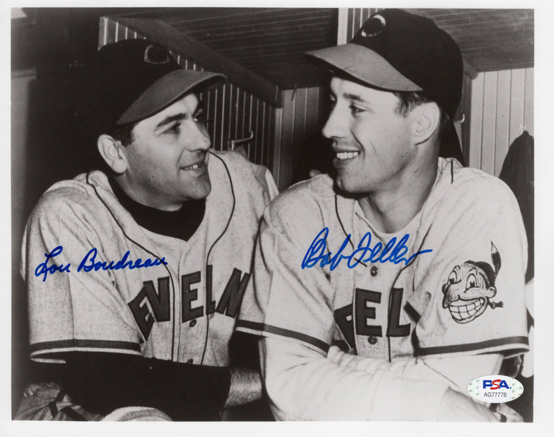 Lou Boudreau Bob Feller dual signed 8x10 photo MLB Cleveland Indians PSA COA