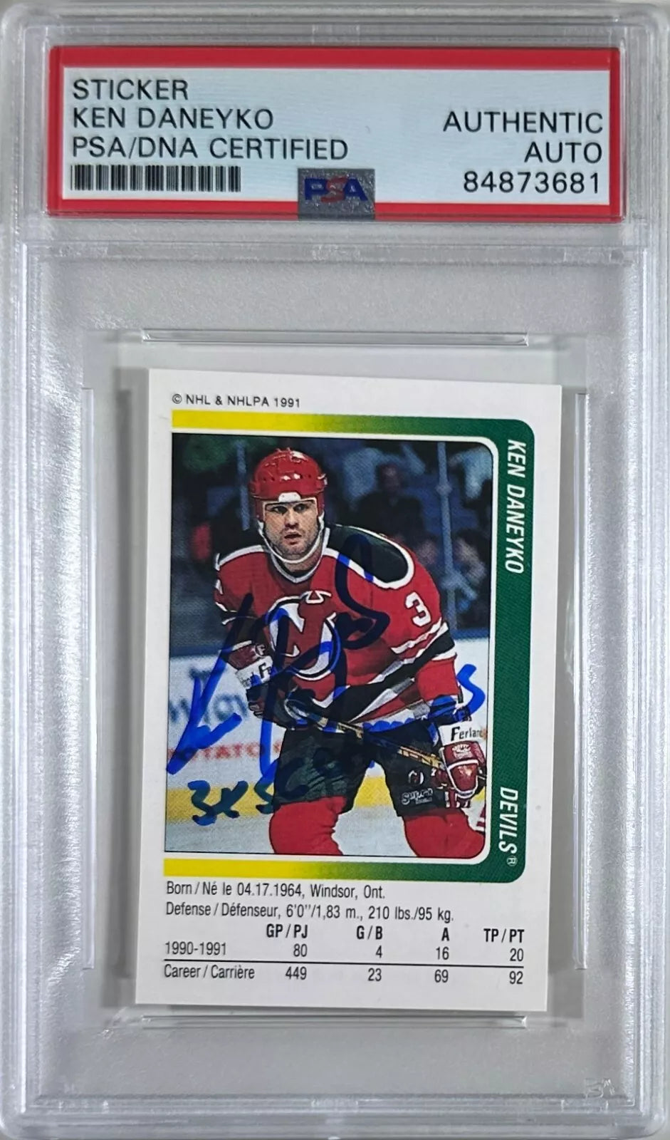 Ken Daneyko auto insc 1991 panini #218 sticker PSA Encapsulated Devils