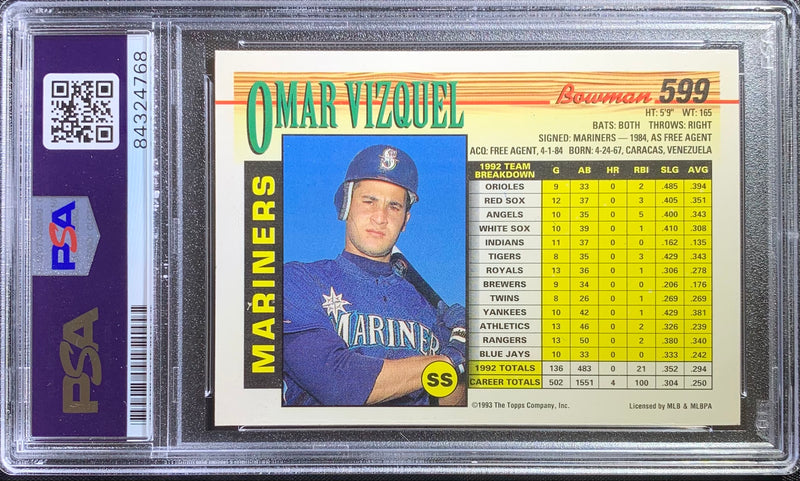 Omar Vizquel auto card 1993 Bowman #599 MLB Seattle Mariners PSA Encap –  JAG Sports Marketing