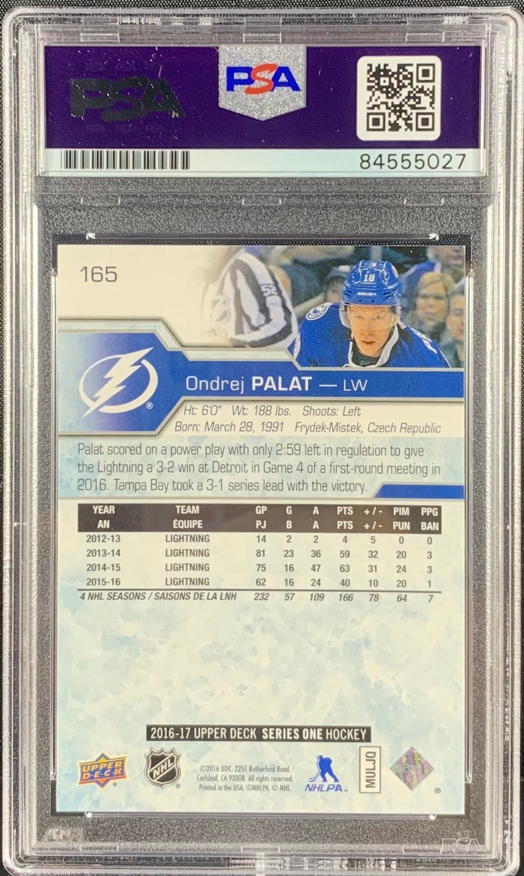 Ondrej Palat auto card Upper Deck Series 1 #165 2016 Lightning PSA Encapsulated