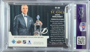 Andrei Vasilevskiy auto card Game Used Upper Deck Icons Lightning PSA Encap