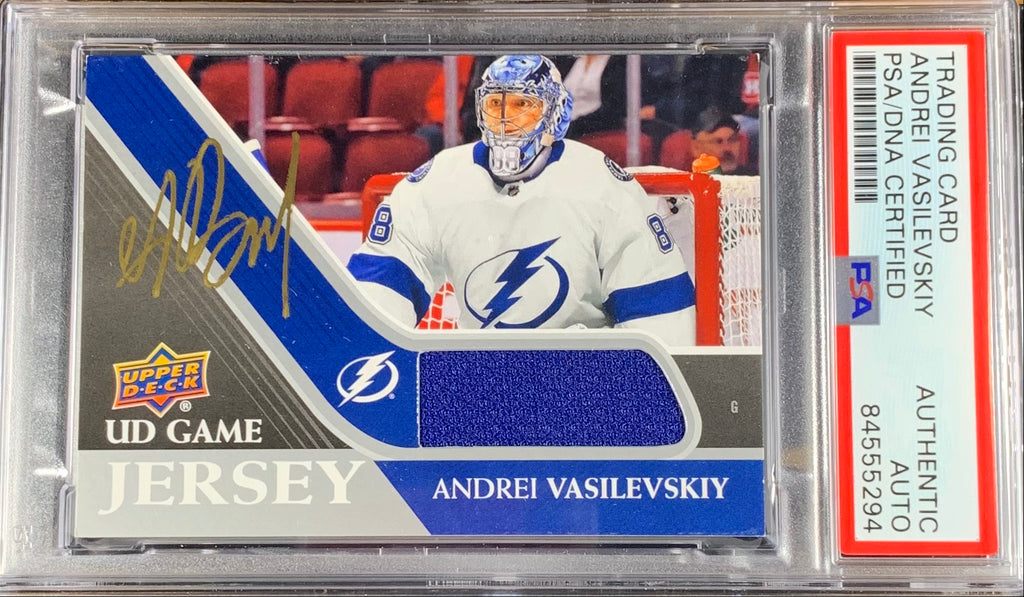 Andrei Vasilevskiy auto card Game Used Worn UD Game Jersey Lightning PSA Encap