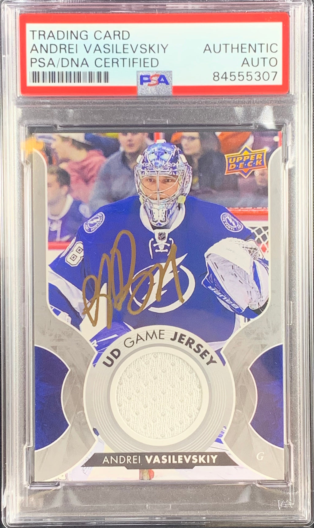 Andrei Vasilevskiy auto card Game Used Worn UD Game Jersey Lightning PSA Encap