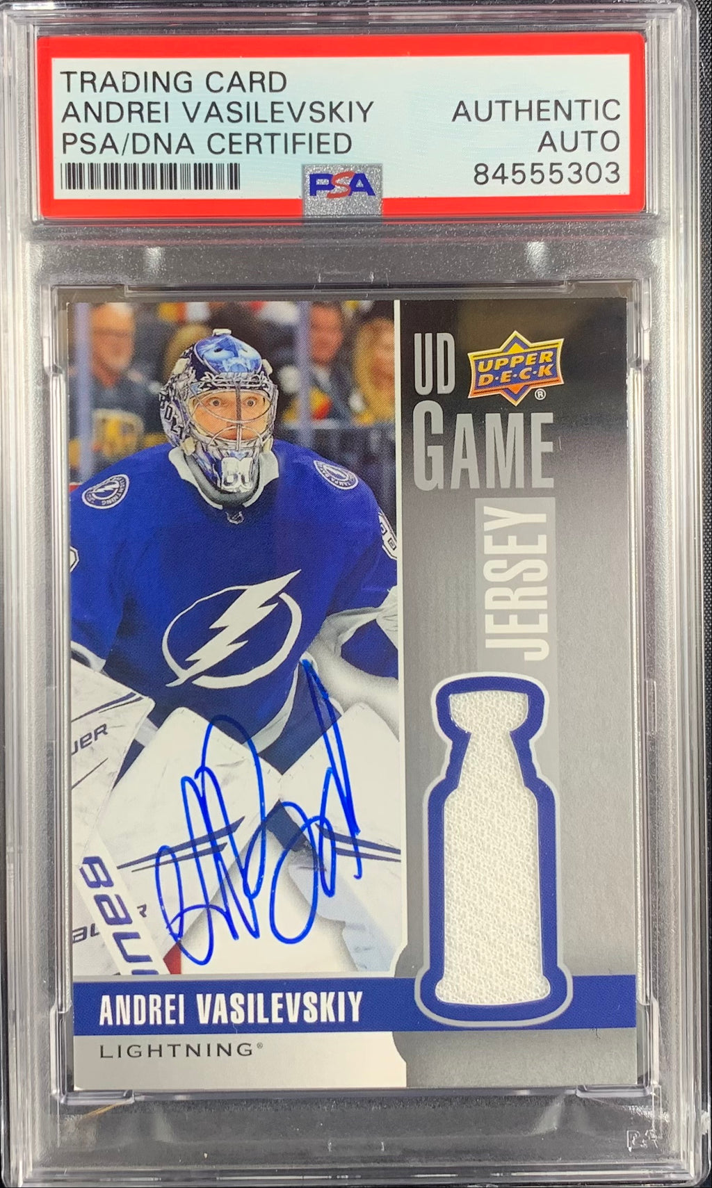 Andrei Vasilevskiy auto card Game Used Worn UD Game Jersey Lightning PSA Encap