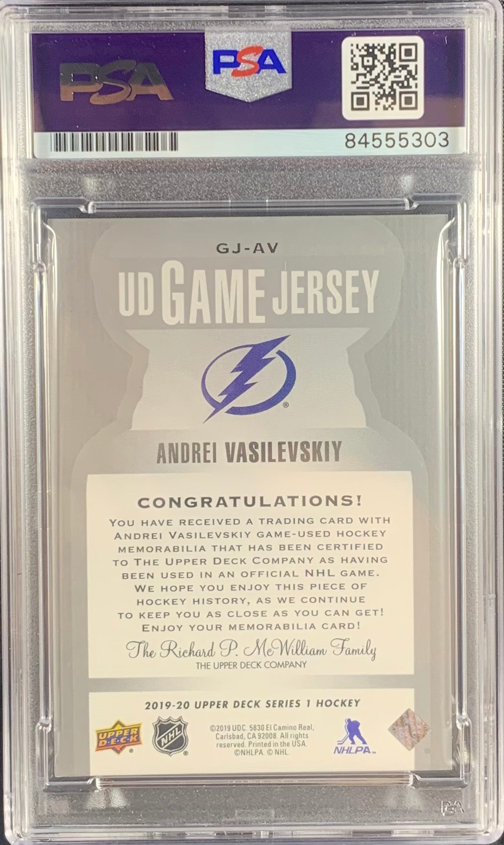 Andrei Vasilevskiy auto card Game Used Worn UD Game Jersey Lightning PSA Encap