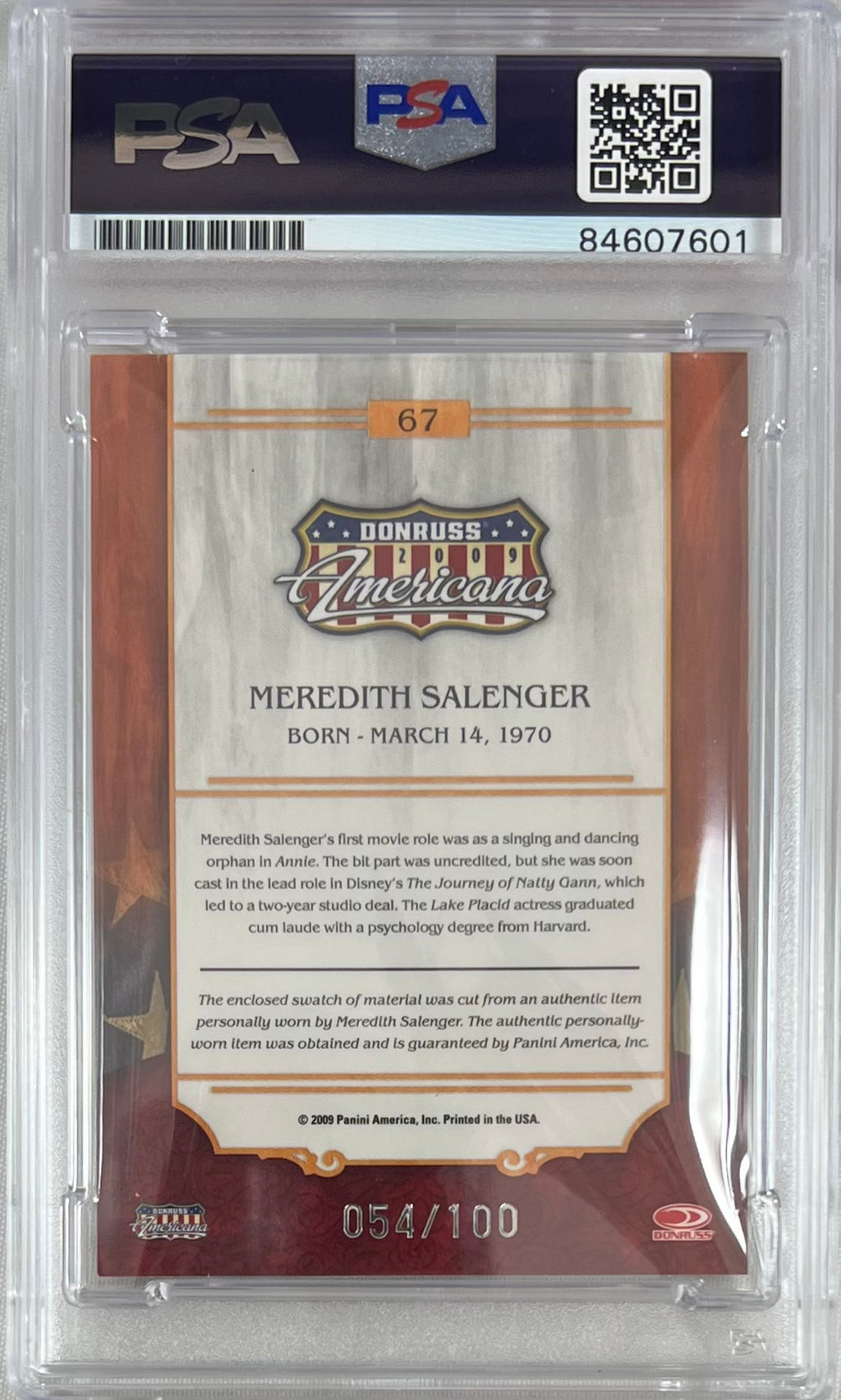 Meredith Salenger autographed 2009 Donruss Americana card #67 PSA Encapsulated