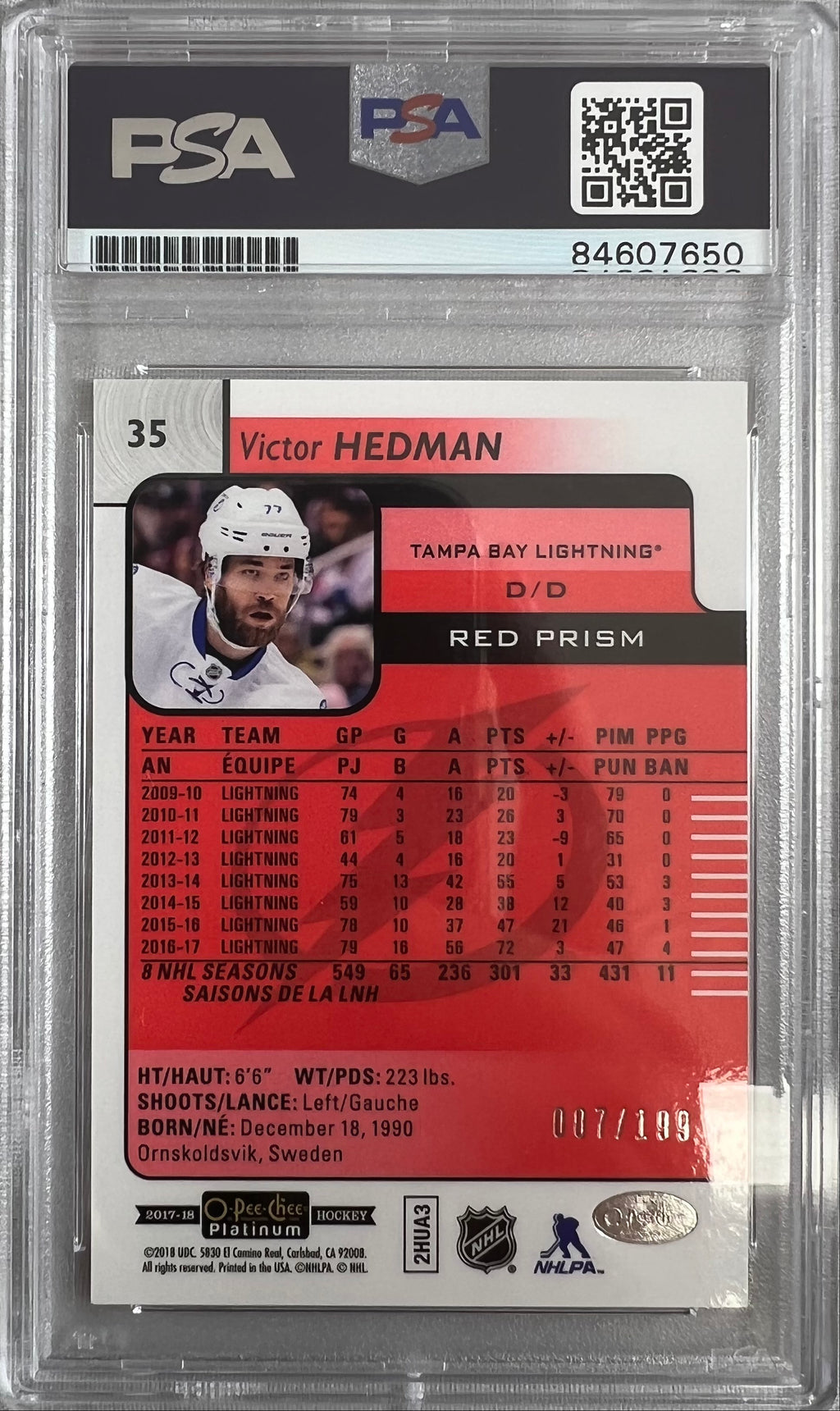 Victor Hedman auto 2018 O-Pee-Chee Platinum card #35 Lightning PSA Encapsulated