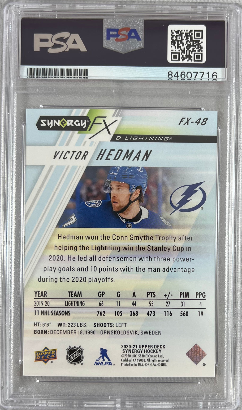 Victor Hedman auto 2020-21 Upper Deck Synergy card Lightning PSA Encapsulated