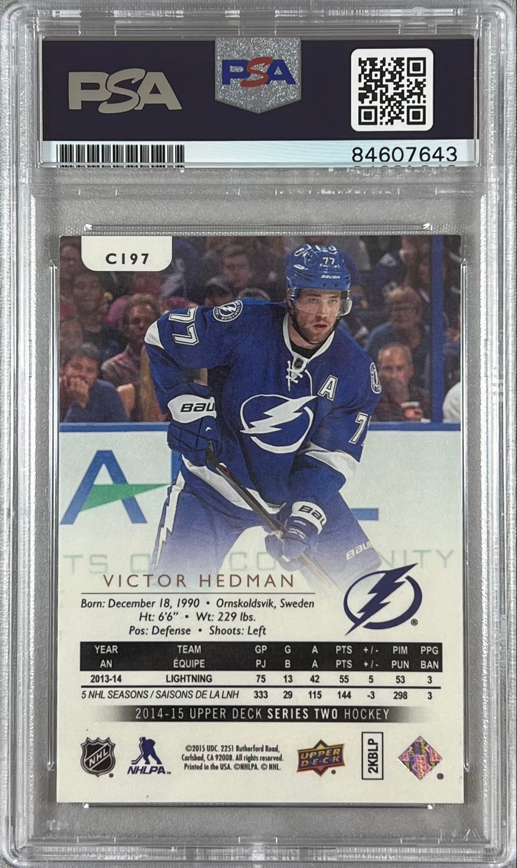 Victor Hedman auto signed 2015 Upper Deck #C197 card Lightning PSA Encapsulated