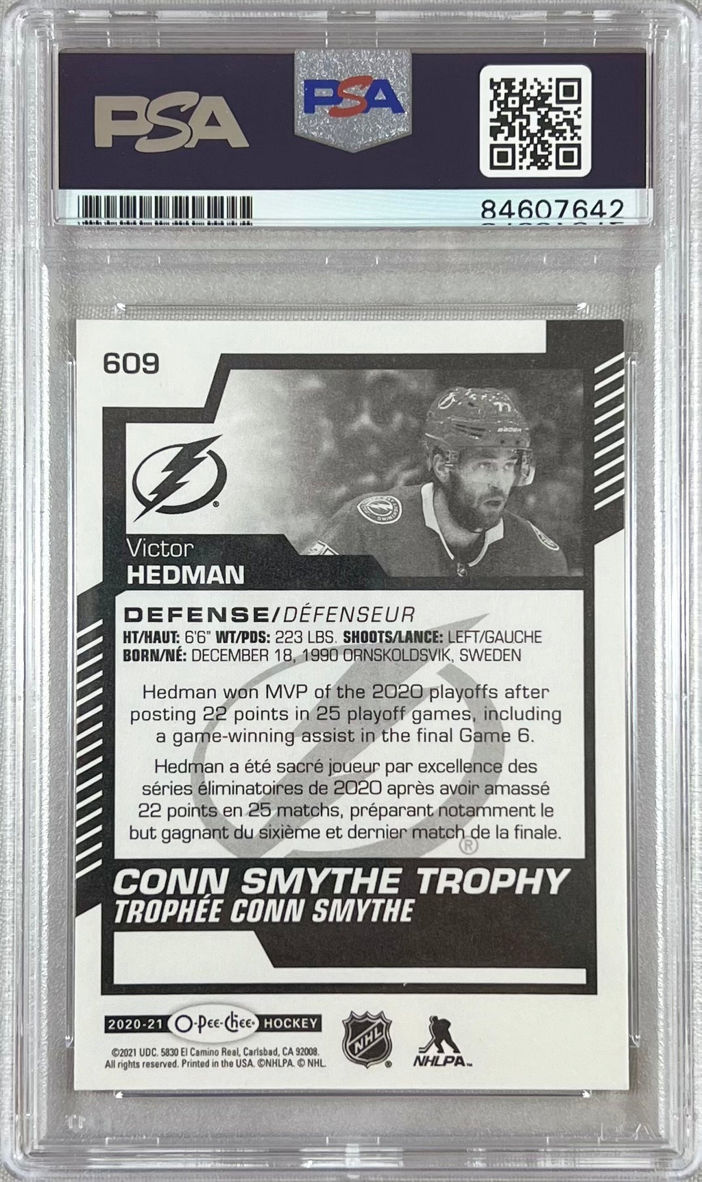 Victor Hedman auto 2020-21 O-Pee-Chee card #609 Lightning PSA Encapsulated