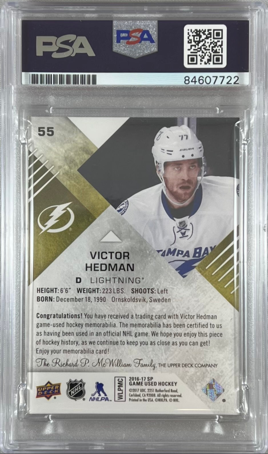 Victor Hedman auto 2016 Upper Deck #55 card Lightning PSA Encapsulated GU Patch