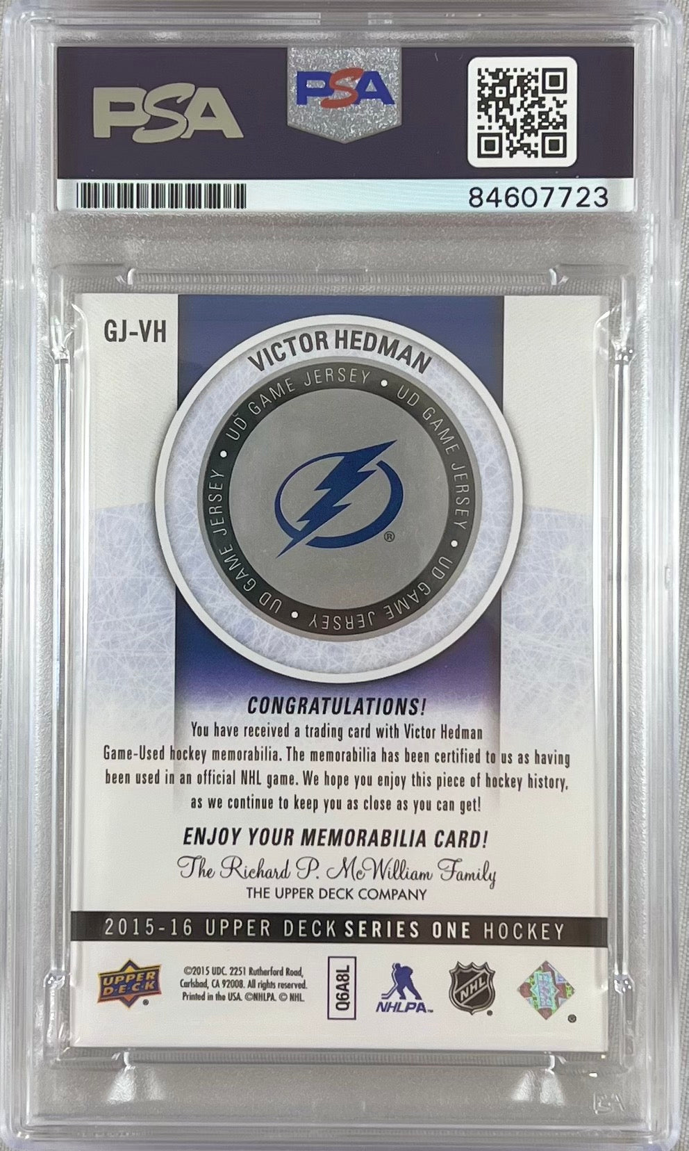 Victor Hedman auto 2015-16 Upper Deck card Lightning PSA Encapsulated GU Patch