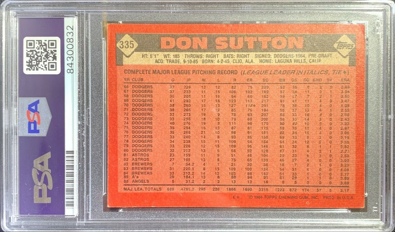 Don Sutton auto card 1986 Topps #335 Los Angeles Angles PSA Encapsulated